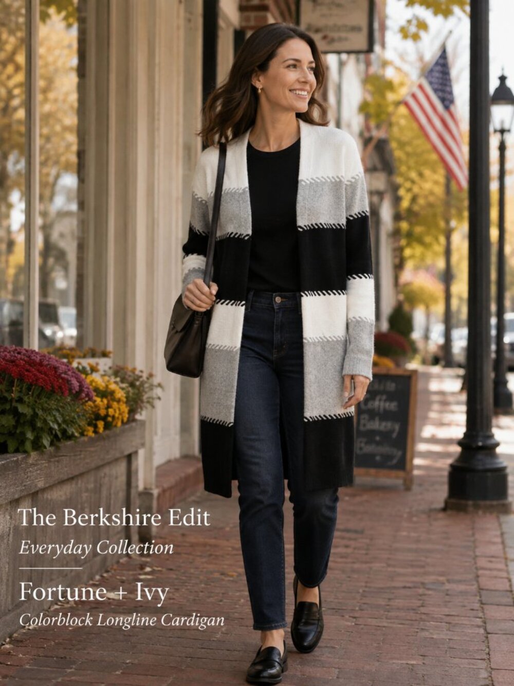 Fortune + Ivy Colorblock Longline Open Front Cardigan Black Gray White S NWT